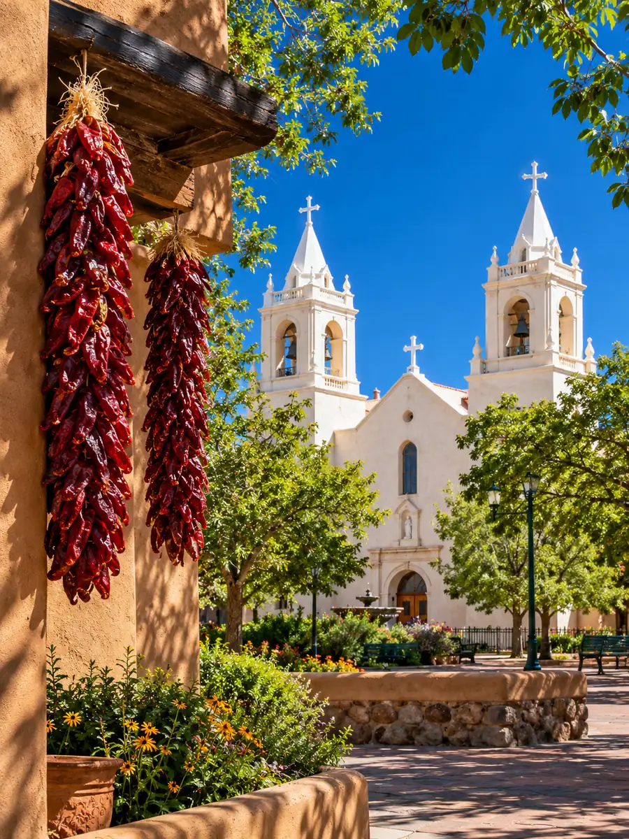 Die weiße Kirche San Felipe de Neri hinter der grünen Old Town Plaza in Albuquerque