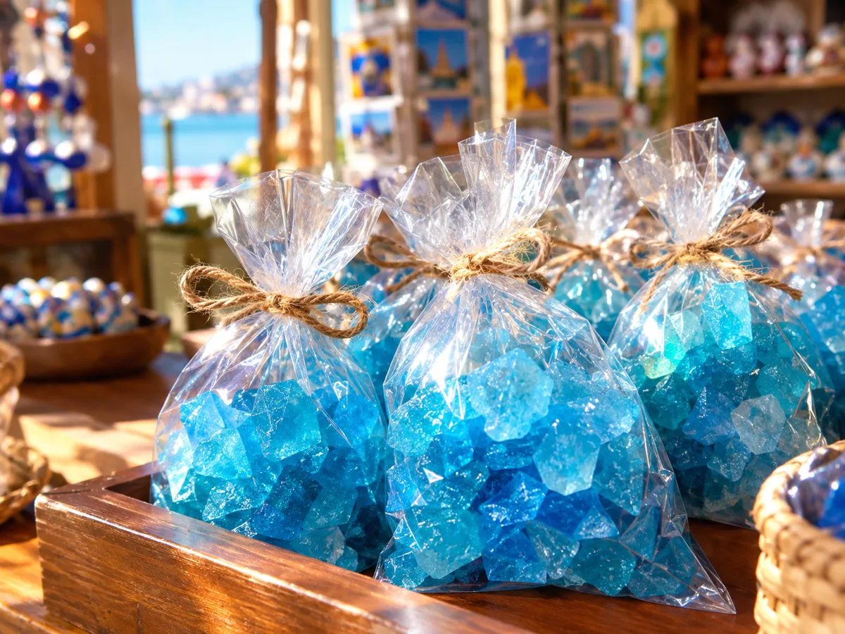 Tütchen mit blauen Kandiskristallen auf einer hölzernen Ladentheke
