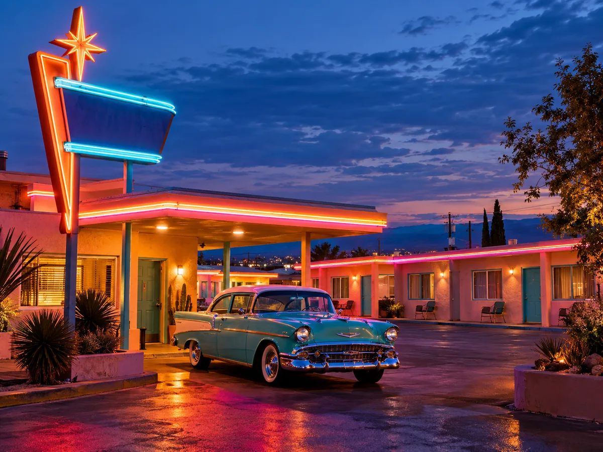 Ein neonbeleuchtetes altes Motel an der Route 66 in der Dämmerung mit einem Oldtimer